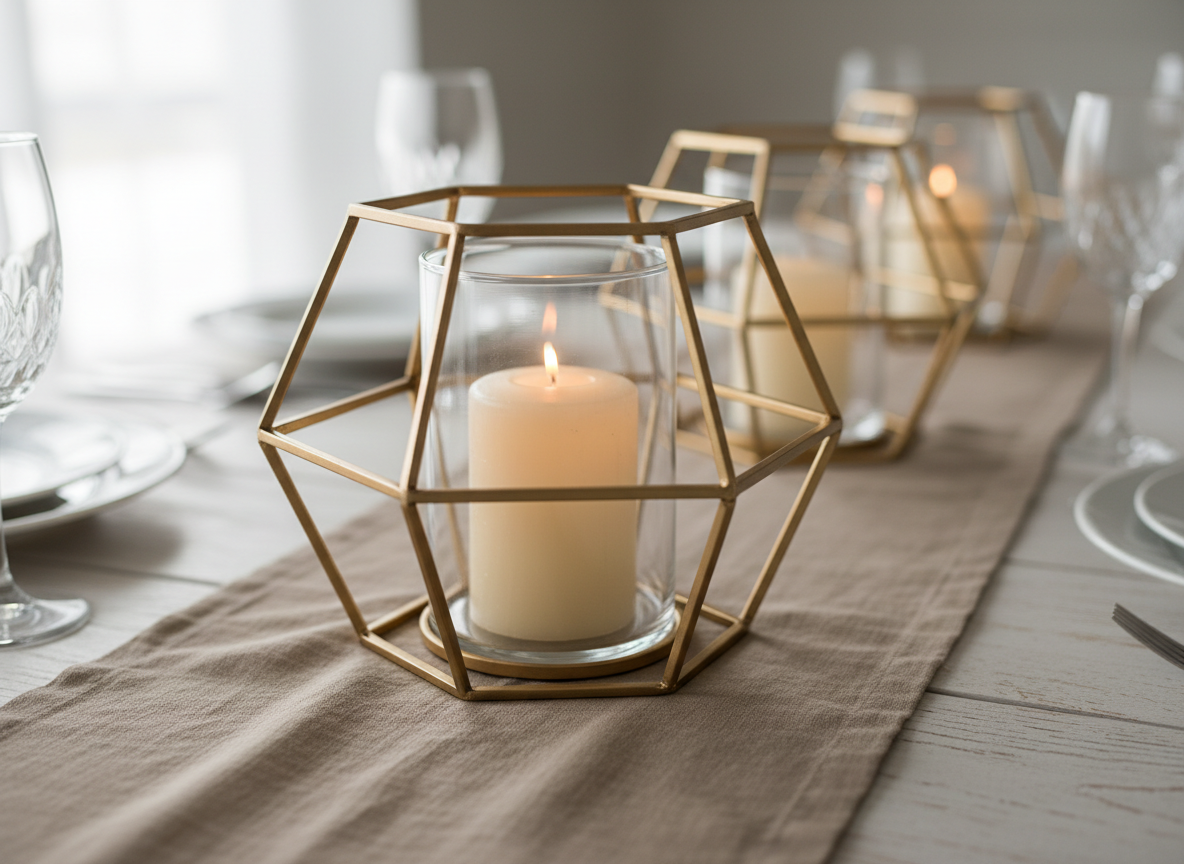 A close-up of a modern geometric metal centerpiece available for rent, formed from brushed gold hexagonal frames surrounding a single ivory pillar candle in a clear glass hurricane. The centerpiece rests on a taupe linen runner atop a whitewashed wooden table. In the softly blurred background, additional centerpieces and glassware hint at a larger tablescape. Side-lit by diffused natural light from a nearby window, the metal edges catch subtle highlights while the candle and glass cast delicate reflections. Shot with a shallow depth of field and tight framing, the image feels intimate, chic, and refined, embodying sophisticated style in true-to-life photographic realism.