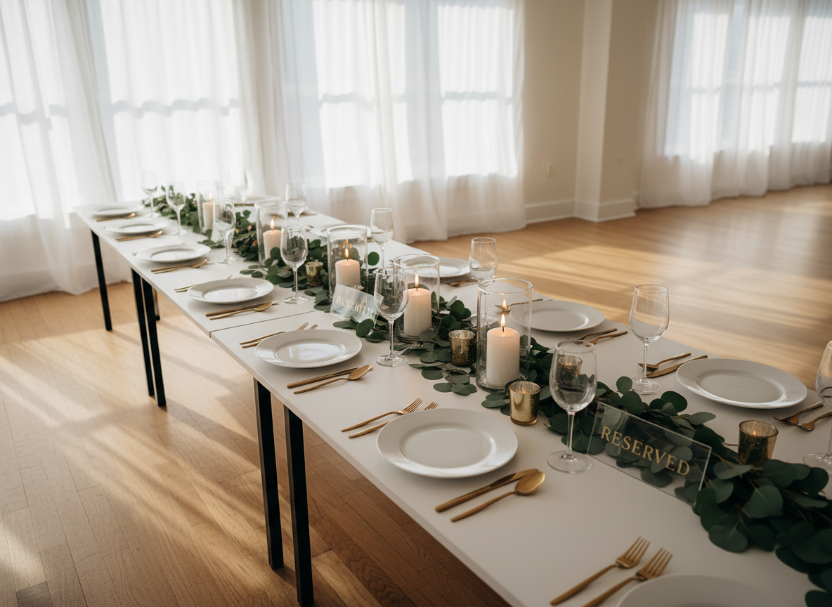 A long banquet table set for an intimate celebration using rental items, featuring simple white porcelain plates, clear glass goblets, slim gold flatware, and a series of low glass cylinder vases filled with white candles. Eucalyptus garlands run down the center, interspersed with small gold-rimmed votives and acrylic reserved signs. The table sits in a bright, airy room with light oak floors and sheer curtains. Warm late-afternoon sunlight streams in, casting a gentle golden glow and soft elongated shadows. Captured from a slightly elevated diagonal angle with sharp focus along the table’s length, the image exudes polished, sophisticated charm on a realistic budget in clean photographic style.