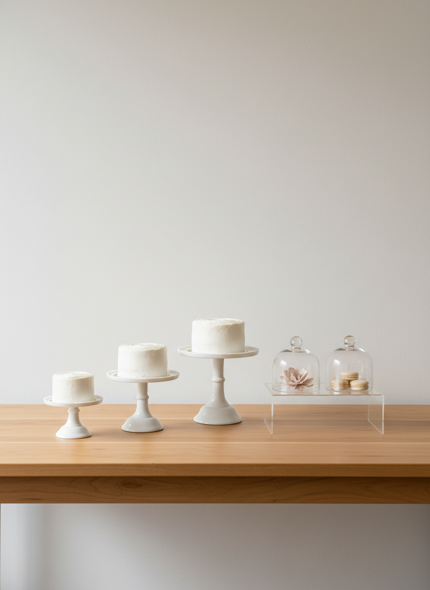 A minimalist dessert display setup for an event, using rental serving pieces: a trio of matte white cake stands of varying heights, a clear acrylic riser, and simple glass cloches, all arranged on a light wood buffet table. The backdrop is a smooth off-white wall with a subtle shadow gradient. Soft studio lighting from above and slightly to the front creates clean, even illumination with gentle, flattering shadows beneath the stands. The composition is centered with ample negative space around the display, perfect for overlaying text. The mood is polished, aspirational, and budget-conscious, showcasing how simple rental items can create a high-end dessert station in refined photographic realism.