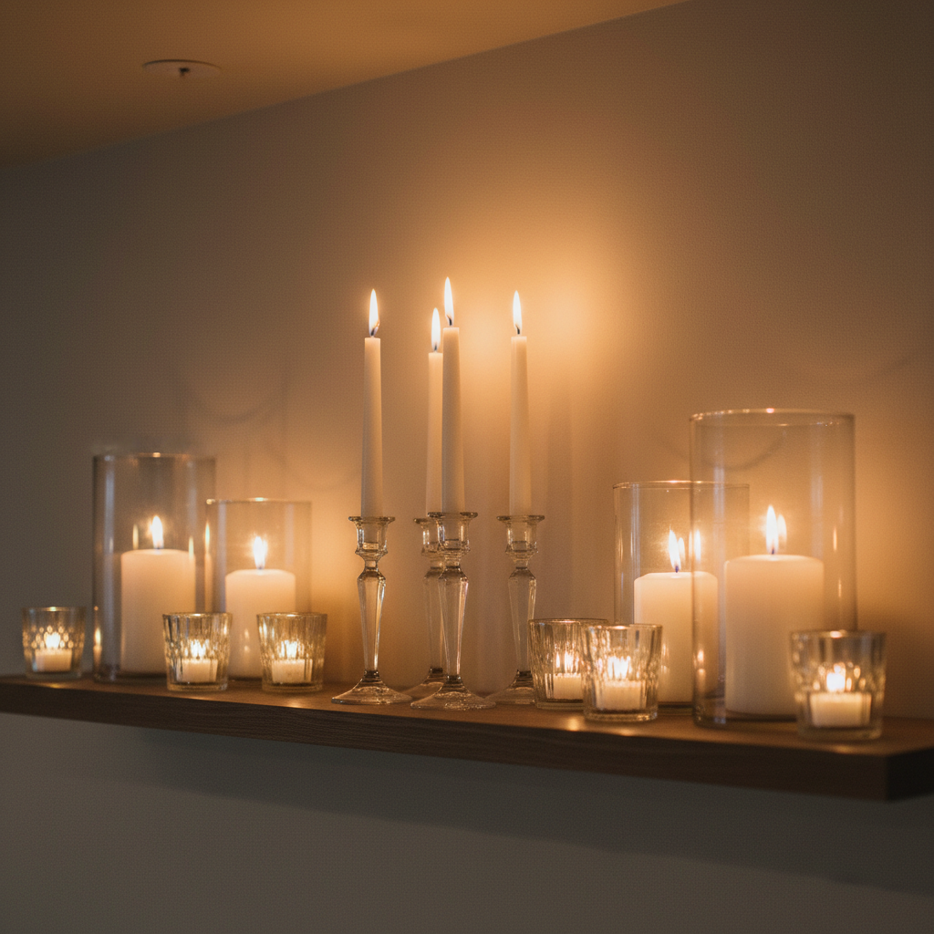 A curated rental display of candles and holders, featuring an assortment of slender glass taper holders with ivory tapers, chunky glass hurricanes with white pillar candles, and small faceted glass votives arranged on a narrow mantle shelf. Behind them, a muted beige wall reflects the warm candlelight. The primary light source is the candles themselves, supported by a subtle ambient overhead light, creating a cozy, romantic glow with soft flickering reflections on the glass surfaces. Photographed at eye level with a narrow focus that keeps most elements sharp, the atmosphere is intimate and luxurious yet understated, highlighting how simple rented candlelight can transform an event in realistic photographic style.