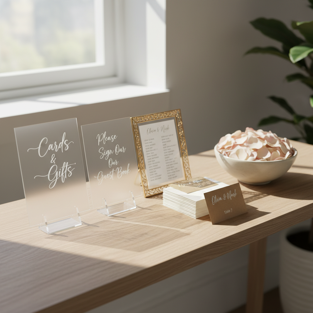 A styled collection of rental table signs and stationery, including frosted acrylic "Cards & Gifts" and "Please Sign Our Guest Book" signs in modern script, a small gold-framed seating chart mockup, and neatly stacked kraft and ivory place cards. These items sit on a pale oak console table beside a ceramic bowl filled with delicate silk rose petals. Gentle morning light filters in from the left, creating soft shadows and a calm glow that emphasizes the frosted textures and metallic frames. Shot from a three-quarters angle with a shallow depth of field, the scene feels organized, elevated, and accessible, capturing a sophisticated yet budget-friendly event aesthetic in clean photographic realism.