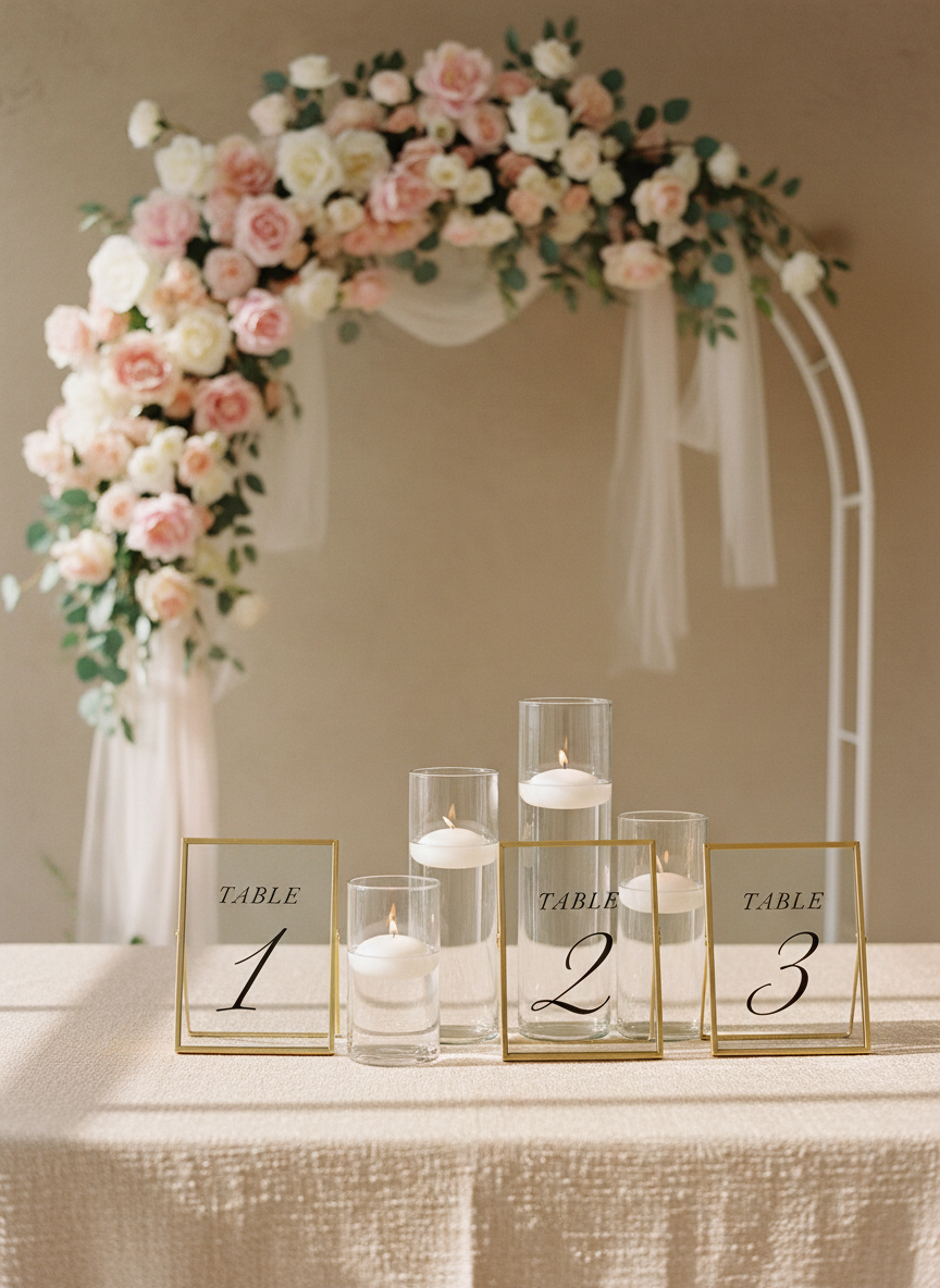 An elegantly styled reception table overflowing with rental decor, featuring a matte white metal arch draped in blush and ivory faux florals, crystal-clear glass vases with floating candles, and gold-framed acrylic table numbers. The table is covered in a soft champagne linen with a subtle texture, set in front of a neutral plaster wall. Soft natural window light from the side creates gentle highlights on the glass and metallic accents, with delicate shadows falling across the linen. Photographed at eye level with a shallow depth of field, the foreground elements are crisp while the background softly blurs, creating a sophisticated, budget-friendly luxury atmosphere in clean photographic realism.