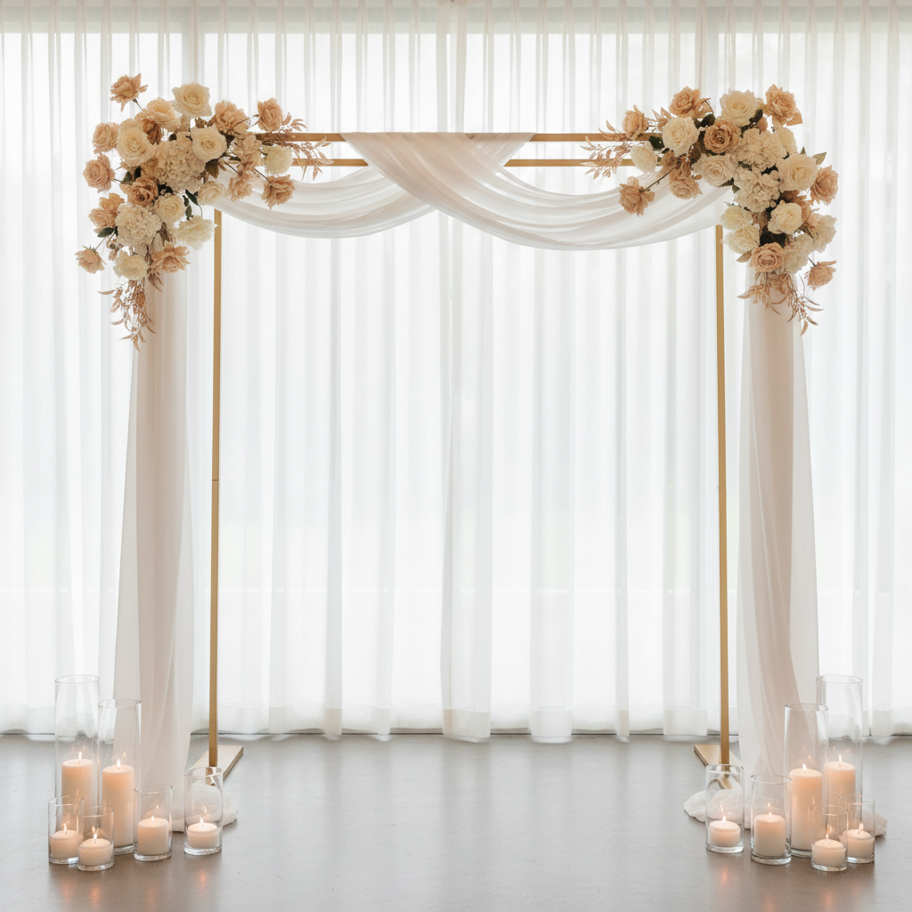 An elegant ceremony scene featuring a pair of matching rental arches: slim, matte gold rectangular frames draped with airy white fabric and clusters of neutral faux florals in ivory, sand, and muted blush. At the base, groups of glass cylinder vases of varying heights hold white pillar and floating candles. The arches stand on a smooth concrete floor before a large window with sheer curtains, flooding the space with soft, diffused daylight. Photographed straight-on at eye level with balanced composition and moderate depth of field, the arches are in sharp focus while the outdoor background is gently blurred, creating a serene, sophisticated atmosphere in realistic, upscale photographic style.