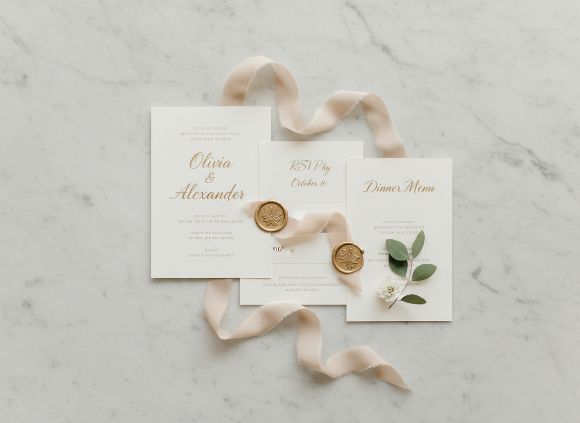A beautifully arranged flat lay of event stationery for a wedding, including a minimal ivory invitation suite with gold foil lettering, RSVP card, and menu, paired with a silk ribbon, wax seals, and a delicate sprig of greenery. The pieces rest on a pale stone tabletop with a slight marbled pattern. Overhead diffused daylight creates even, soft illumination with almost no harsh shadows, emphasizing the textures of thick cotton paper and metallic foil. The composition follows the rule of thirds, with negative space for text, conveying an elegant, refined, and affordable-luxury aesthetic in high-end photographic realism.
